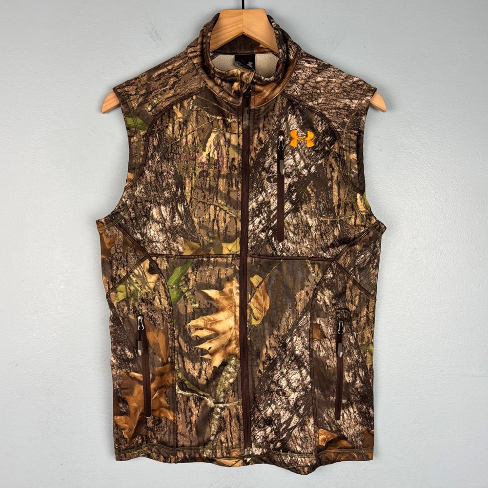 Under Armour Men's Small Brown Mossy Oak Breakup Camo Full Zip Fleece Vest Logo - Picture 2 of 8